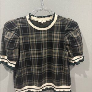 Entro Dark Green Plaid Ruffle Top